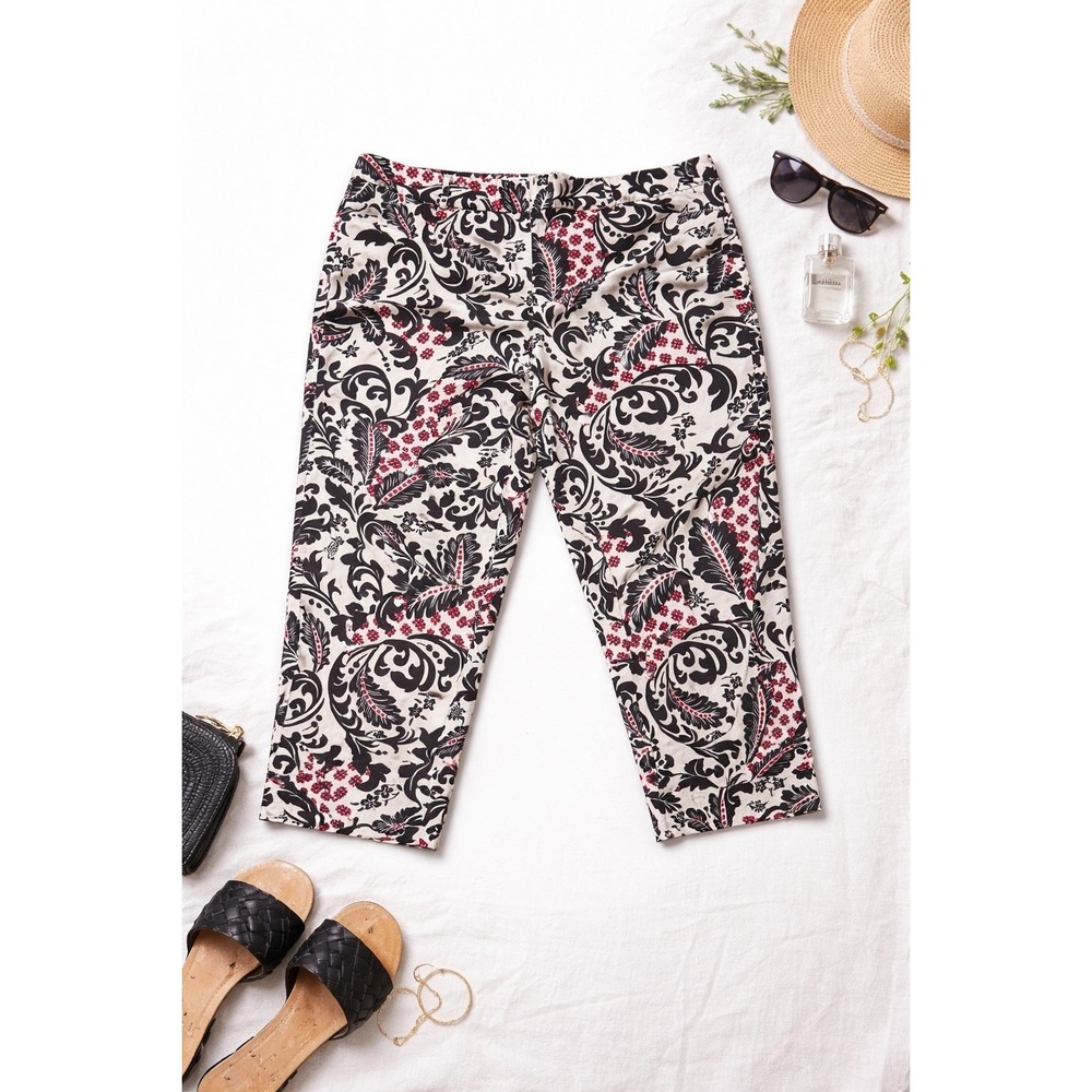 VTG USA Talbots Crop Pants Womens 14 Floral‎ Brown Beige Cotton Stretch Capri